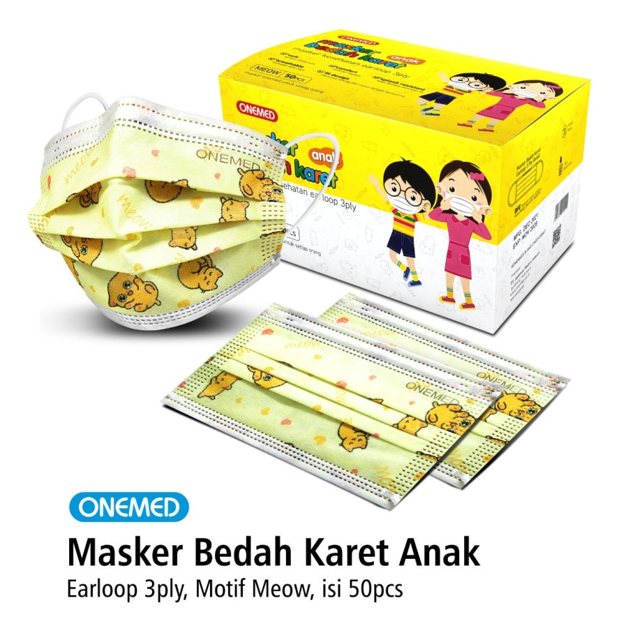 Onemed | Masker Anak Earloop 3 Ply | Surgical Mask | Motif Meow