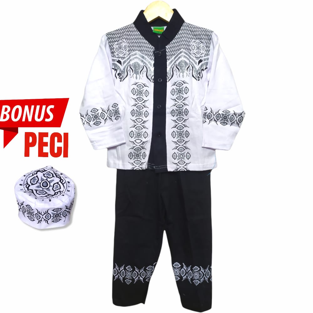 BAJU SETELAN KOKO ANAK LAKI LAKI MOTIF BATIK LENGAN PANJANG WARNA PUTIH DAN HITAM BONUS PECI USIA 0 