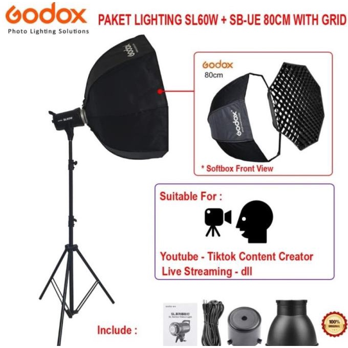 Paket Lighting Youtuber Godox Sl60W + Softbox Sb-Ue 80Cm + Stand