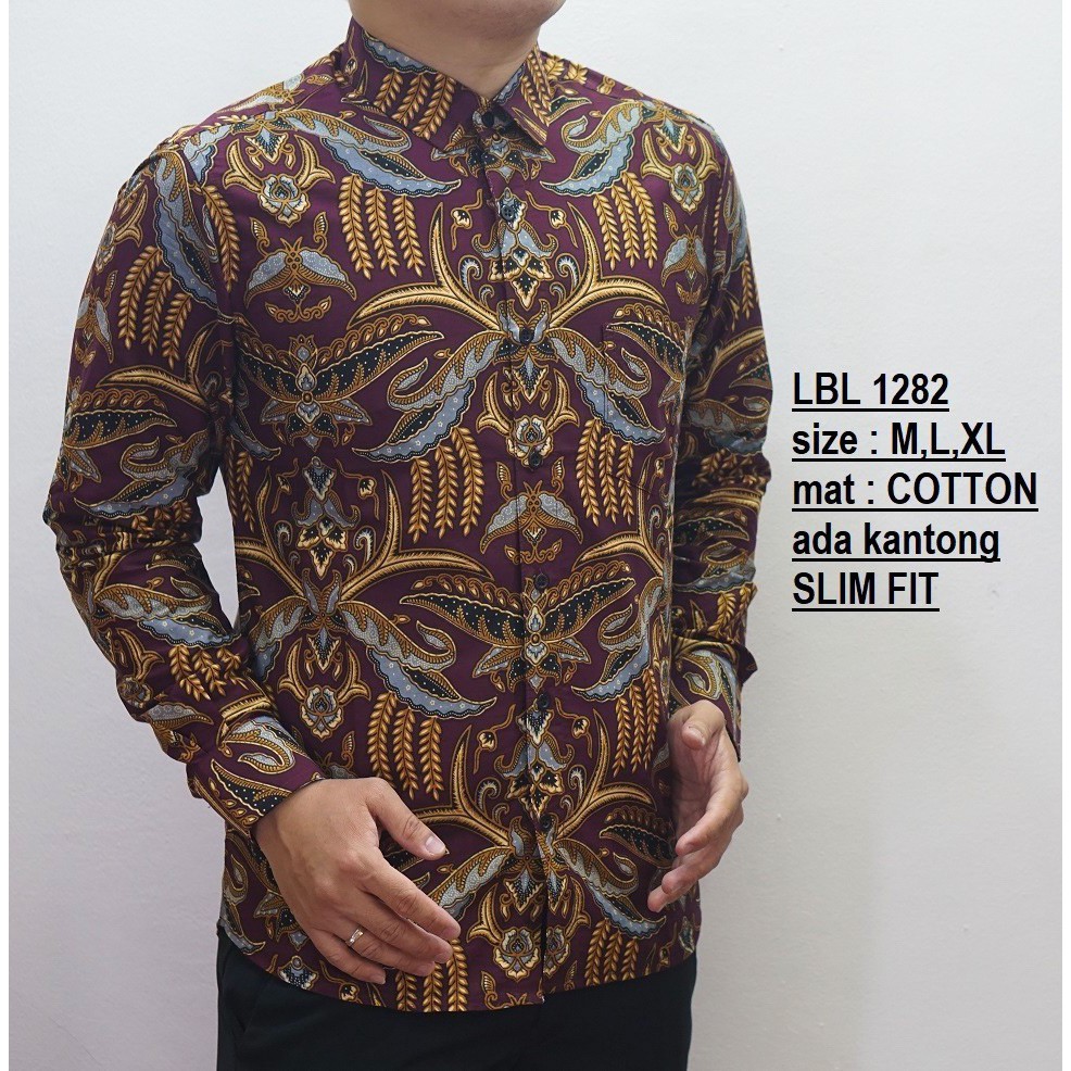 Luigi Baju Batik Pria | Kemeja Batik Slimfit | Lengan Panjang Hem Katun MARUN LBL1282