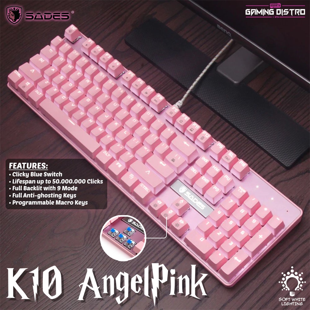 Sades K10 Pink Mechanical Keyboard - Keyboard Sades K10 Pink Angel