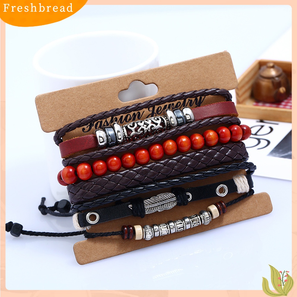 [TERLARIS]4 Pcs Retro Punk Men Beads Faux Leather Braid Multi Layers Adjustable Bracelets