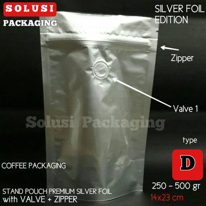 

KEMASAN KEMASAN KOPI D 250-500 GR/STAND POUCH SILVER FOIL ZIPPER VALVE/GUSSET