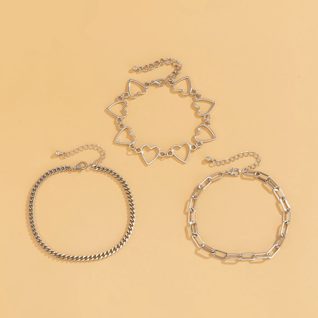 3pcs / Set Gelang Kaki Rantai Desain Hati Hollow Warna Silver Untuk Wanita