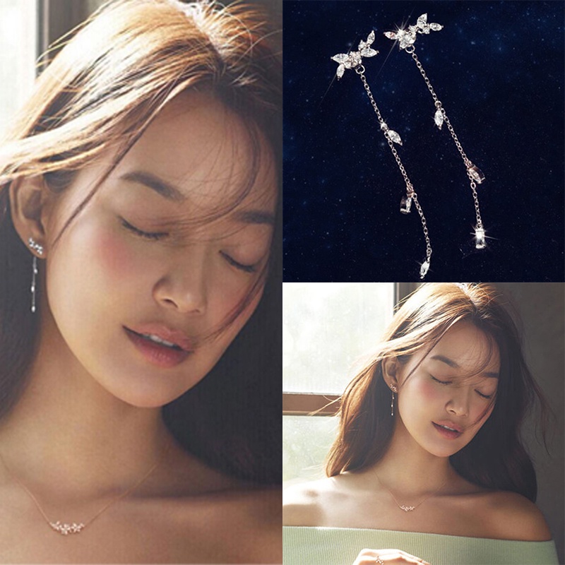 [FULLのJY] Women Long Korean Style Tassel Leaves Ear Stud Drop Dangle Hook Earrings