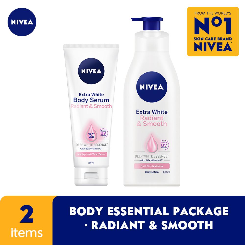Paket Nivea Extra White Radiant & Smooth Lotion 400ml + Body Serum 180ml  Nivea Extra White Radiant 