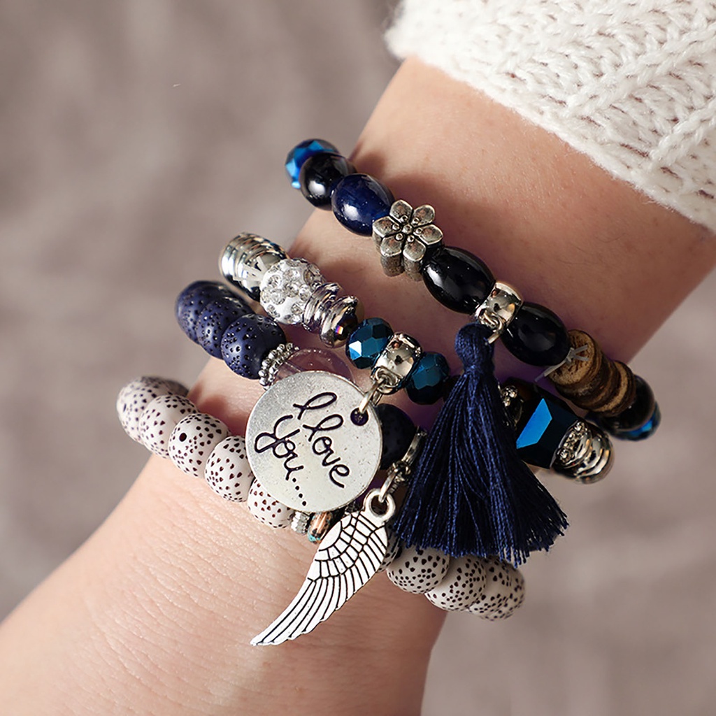 Hu Hu Hu Hu Hu Alat Bantu Pasang Kacamata♡ 4pcs / Set Gelang Rantai Manik-Manik Rumbai Gaya Bohemian Vintage Untuk Wanita