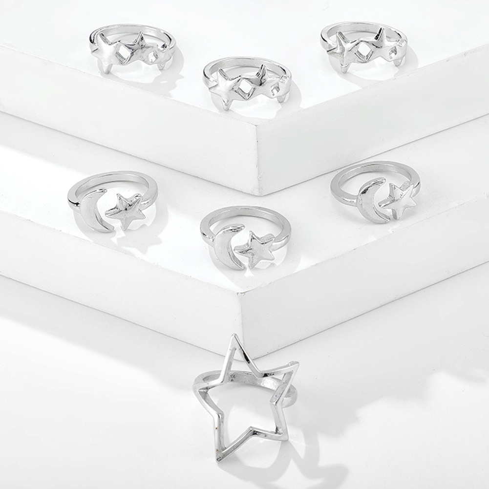 Hu Hu Hu Hu Hu Alat Bantu Pasang Kacamata♡ 7 / 9 Pcs / Set Perhiasan Cincin Jari Bentuk Bulan Bintang Segitiga Geometris Untuk Hadiah Wanita
