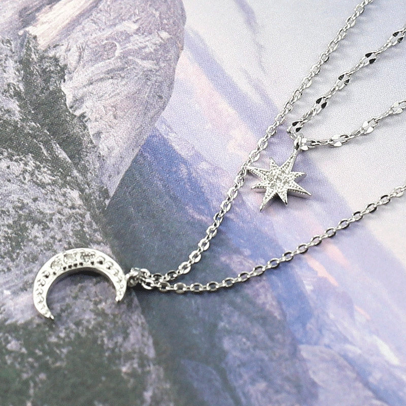 Fashion Aksesoris S925 Sterling Silver Kalung Double Moon Bentuk Bintang Desain Sederhana dan Serbaguna