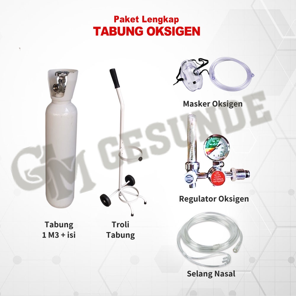 Paket Murah Tabung Oksigen SIAP PAKAI 1SET ( Tabung Oksigen 1m3 + Troli + Regulator + Masker )