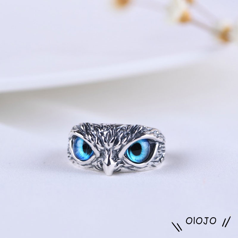 Vintage Style Burung Hantu Kristal Cincin Perak Hewan Pria Wanita Perhiasan Fashion Punk Crystal Rings - ol