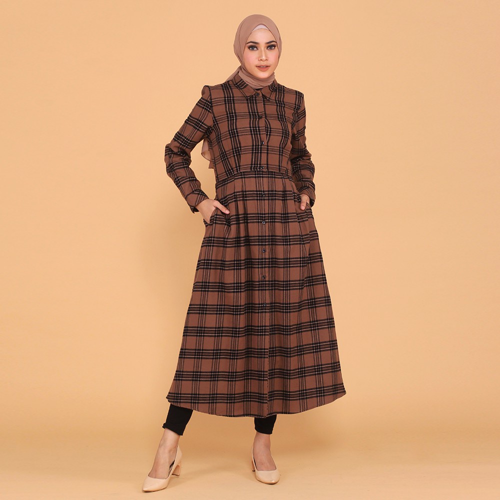 Benhill Gamis Wanita Flannel Lengan Panjang Kotak Warna Coklat 0664-11530
