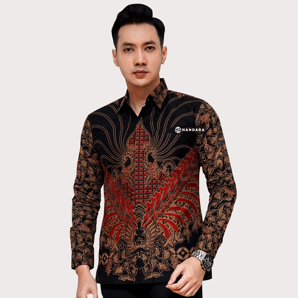 Baju Kemeja Batik Pria Lengan Panjang Slim Fit Premium Modern Full Furing Katun Halus Original Handara Motif Benang Sari Merah Maroon HB-140