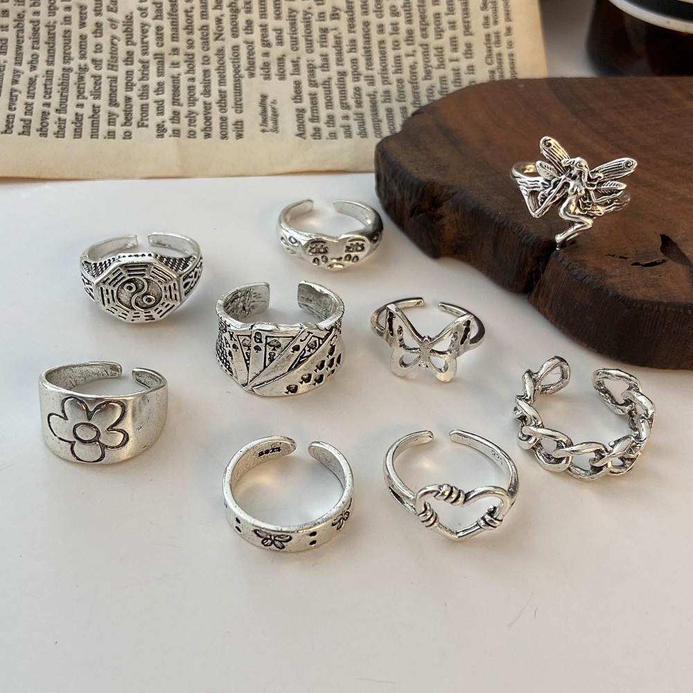 YEEZII 8pcs / Set Cincin Jari Bentuk Kupu-Kupu Hati Tai Chi Model Rongga Tidak Teratur Warna Silver Gaya Retro Untuk Wanita