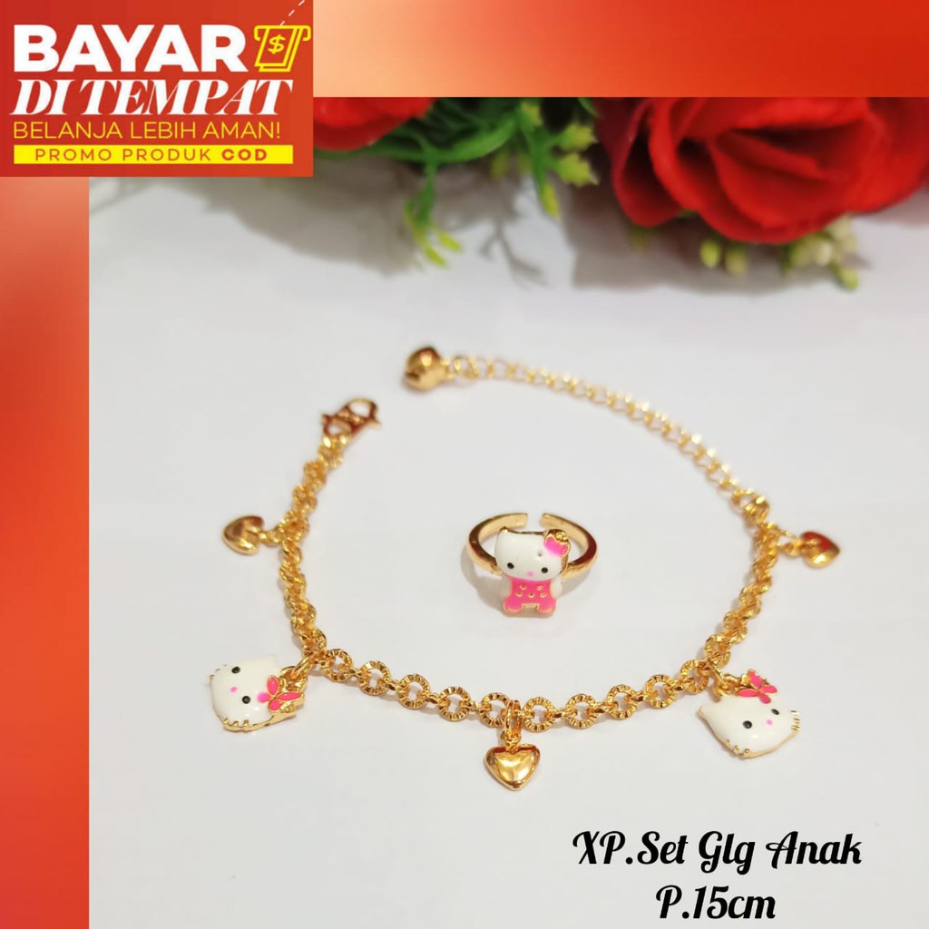 Gelang TITANIUM jurai Anak hello Kitty cat free cincin,Gold tidak berkarat