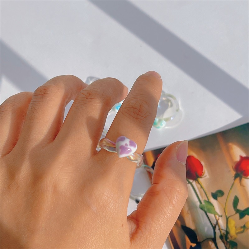 Cincin Resin Bening Motif Print Hati Gaya Korea Untuk Wanita