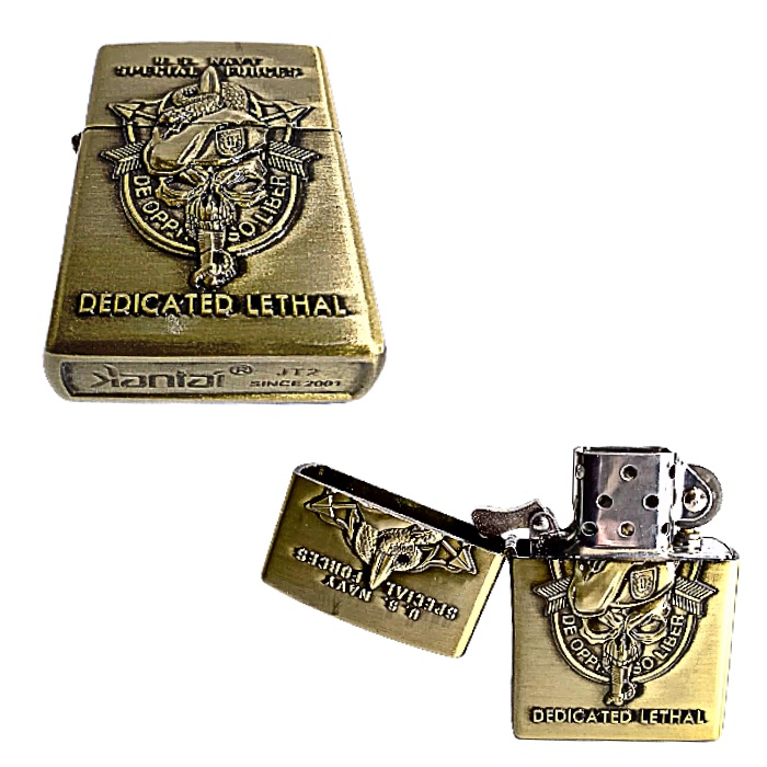 PAKET KOMPLIT KOREK API KANTAI GOLD MOTIF TENGKORAK US NAVY + MINYAK 100 ML + BATU ZIPPO