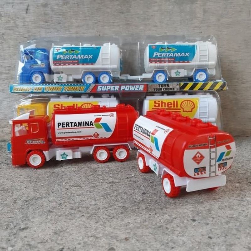 Mainan mobil truck tanki gandeng pertamina shell pertamax PullBack warna dikirim random