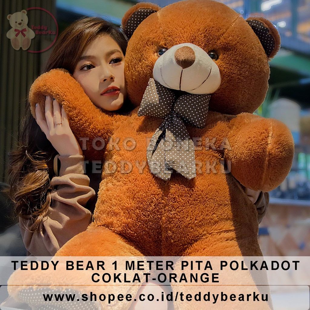 Boneka Teddy Bear Jumbo 1 Meter Pita Polkadot COKLAT ORANGE