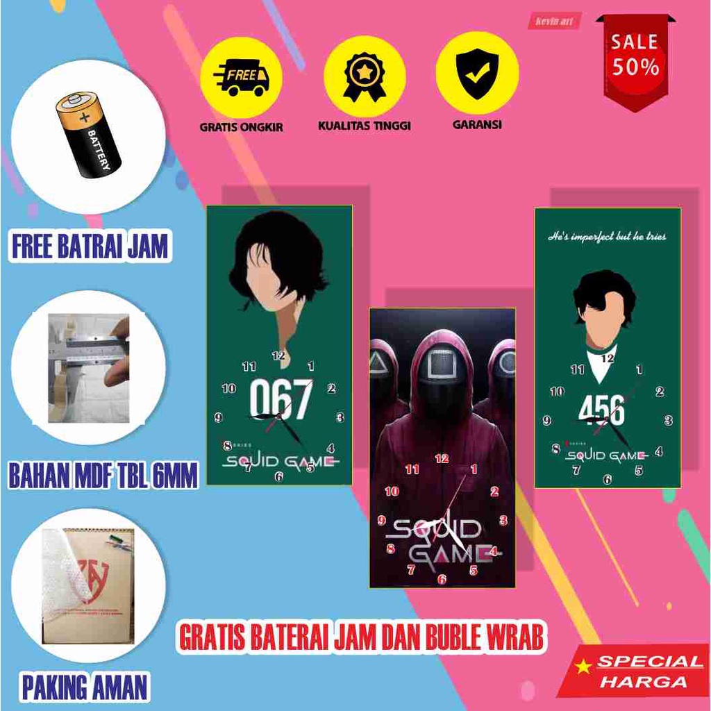 Jam Dinding Besar DIY Dekorasi Ruangan Quartz Creative Design Diameter 15cm Karakter Squid Game Series Unik Terbaru Murah Minimalis