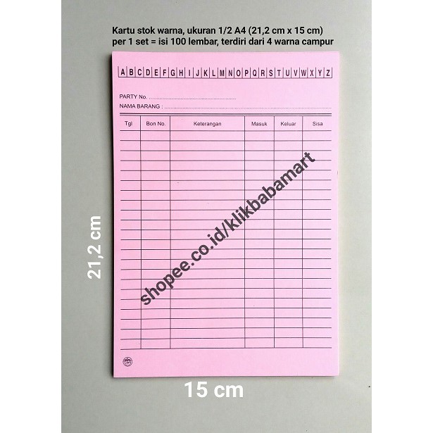 

HJK KARTU STOK STOCK BARANG PERSEDIAAN INVENTORY GUDANG UKURAN 1/2 A4 100 LEMBAR FULL WARNA MIX