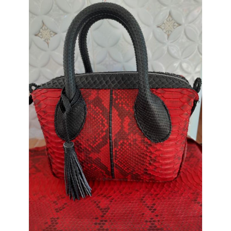 Tas wanita Tote bag kulit ular phyton asli warna merah