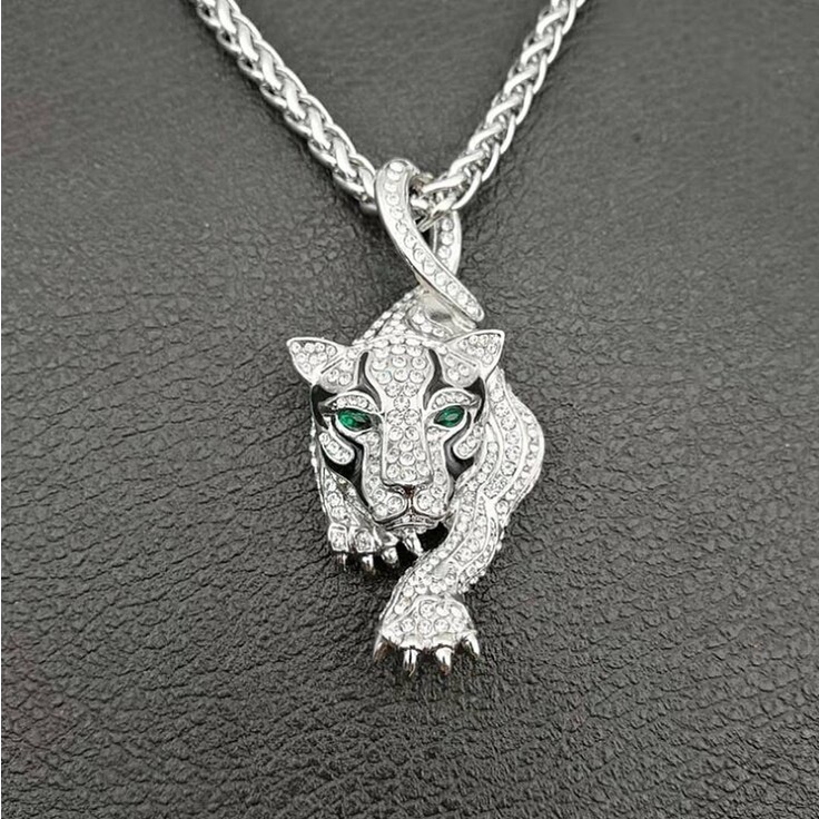 Kalung Liontin Motif Print Leopard Aksen Zircon Gaya Punk Hip-Hop Klasik Untuk Pria