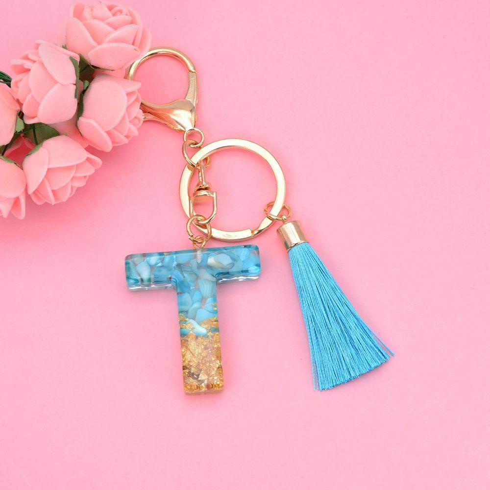 NEEDWAY 26huruf Gantungan Kunci Resin Fashion Biru Rumbai Liontin Ornamen Perhiasan Kristal Alfabet Key Chain