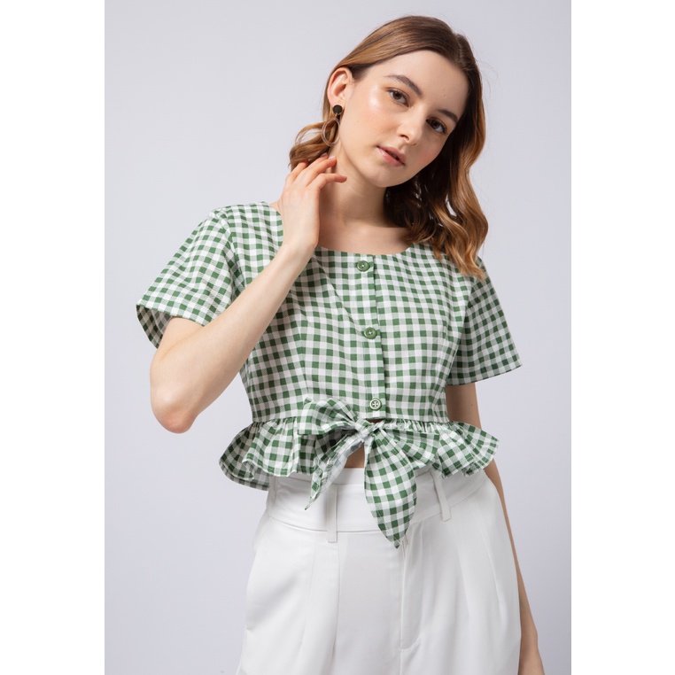 COLORBOX Ruffle Crop Blouse With Front Tie Green