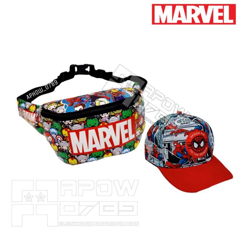 Paket Murah 2in1 Tas Waistbag anak Marvel/Bonus topi Bordir