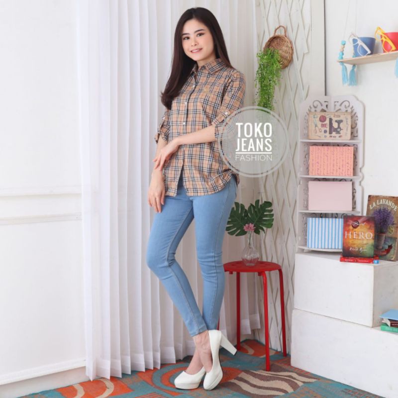 KEMEJA KOTAK BB ATASAN WANITA + BORDIR-Brown 8340 bb