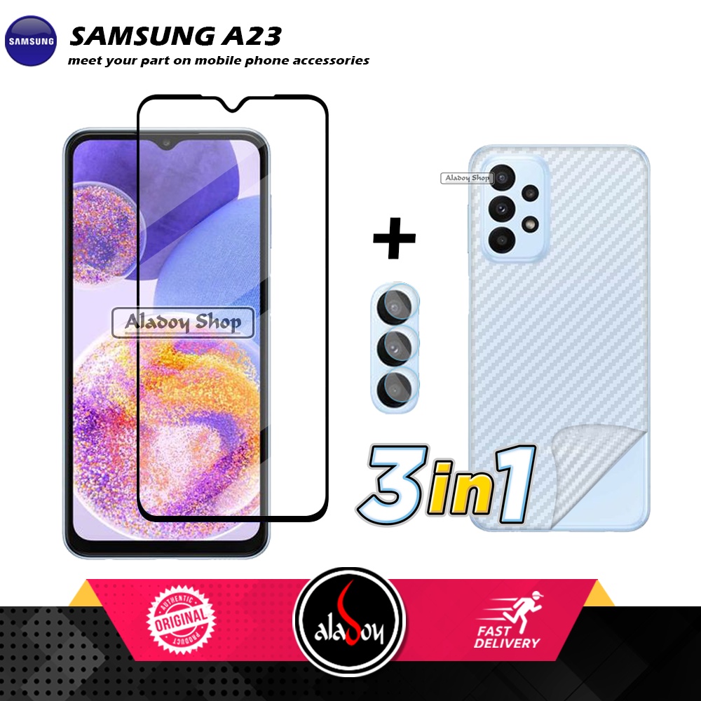 PROMO 3 IN 1 PAKET Tempered Glass SAMSUNG A23 Free Tempered Glass Camera dan Skin Carbon