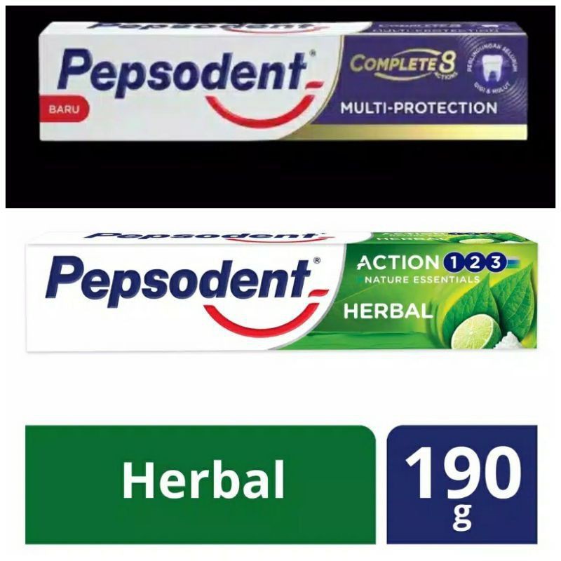 Pepsodent Complete 8 Multi Protection 150 gr, Pepsodent Action 123 Pasta Gigi Herbal 190 gr