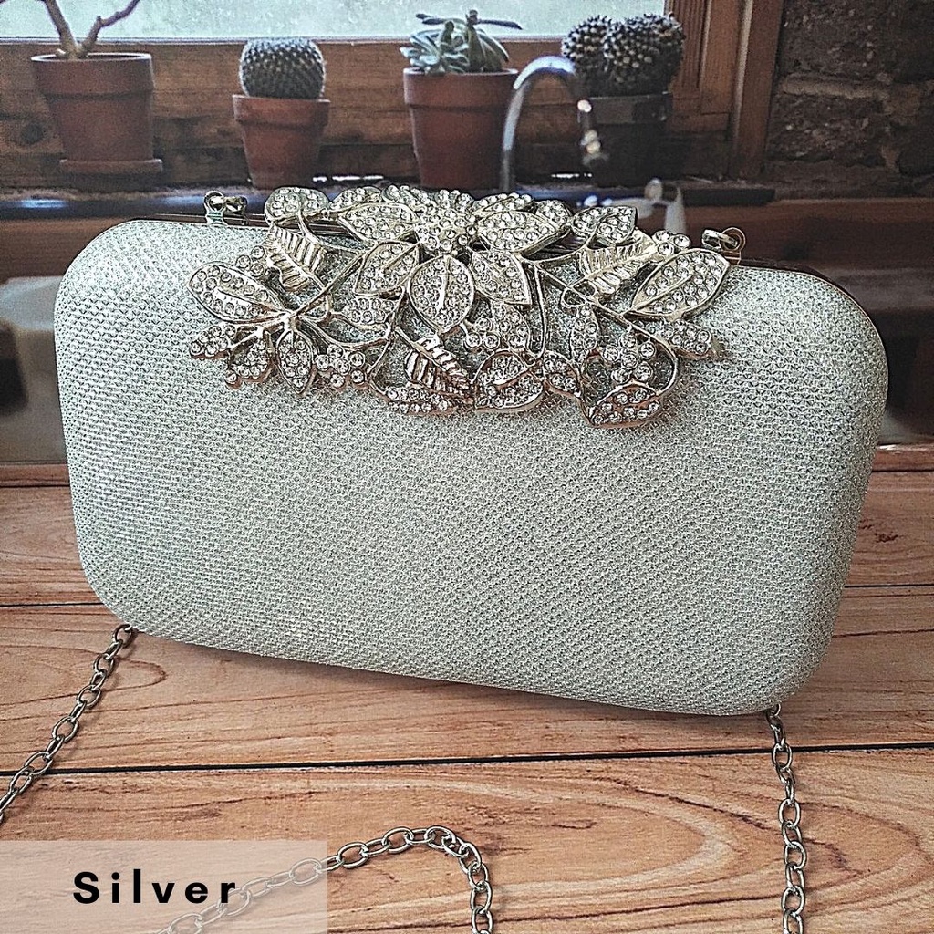 TAS PESTA KRISTAL BUNGA IMPORT MEWAH ELEGAN MAC 76 CLUTCH HANDBAG HAND BAG SHOULDER TENTENG SELEMPANG SLEMPANG SLING BAG JINJING KONDANGAN TALI RANTAI WANITA CEWEK CEWE PEREMPUAN TERBARU KEKINIAN IMPORT CANTIK KEREN