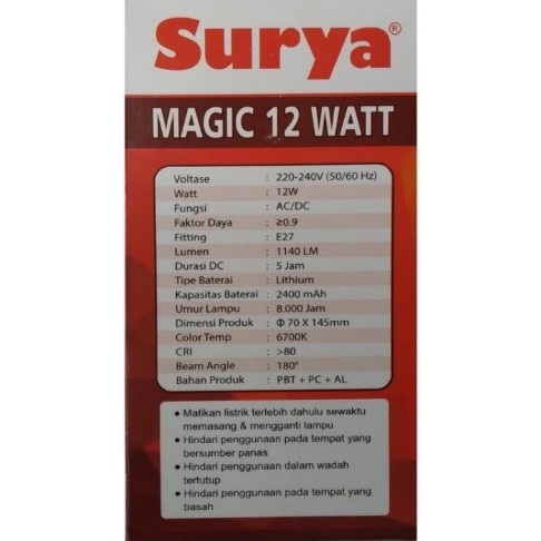 Lampu Emergency LED Surya Magic 12W Rechargeable