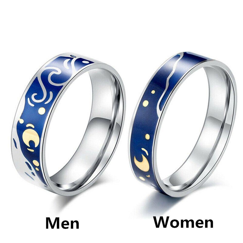 PREVA Couple Rings Valentine's Day Present Jewelry Blue Silver Plate Weddings Romantic Starry Sky