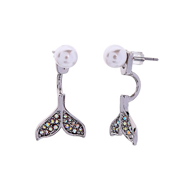LRC Anting Tusuk Fashion Diamond-tailed Fishtail White Gold Crystal Diamond Drop Pearl Earrings F914