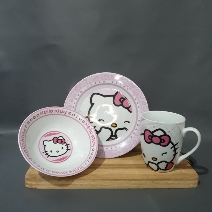 Peralatan Makan Keramik  Anak 3pcs Set Hello  Kitty  Pink 