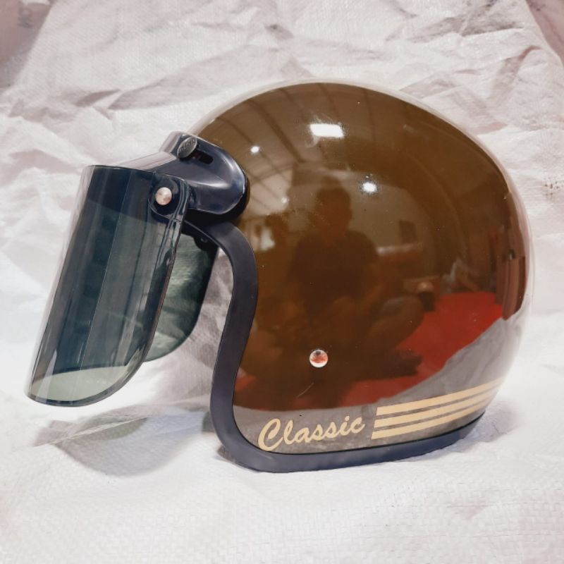 COD HELM BOGO DEWASA CLASIC GARIS  DEWASA POLOS GARIS KACA FLAT DATAR DAN KACA CEMBUNG-Coklat glossy