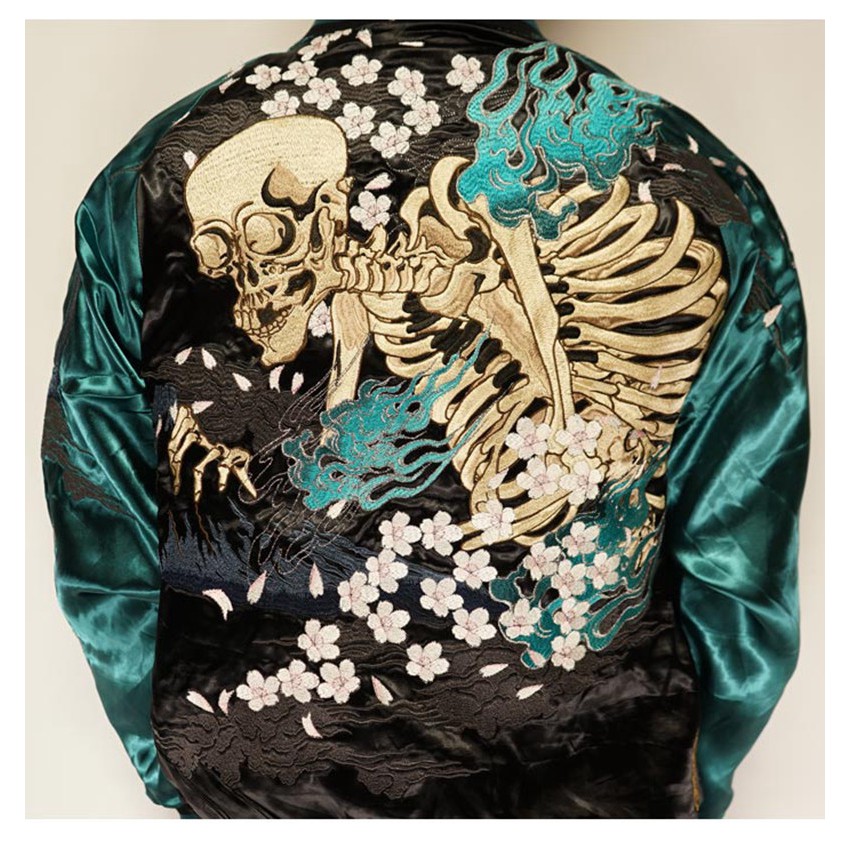 Sukajan double-faced jacket skull monster pomegranate cherry blossom