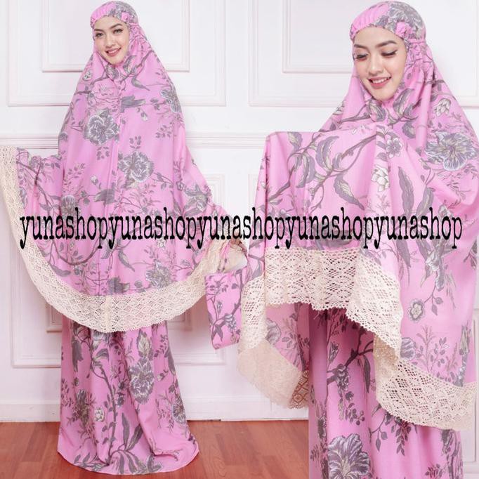 Ori&Terjamin Perlengkapm Sholat Mukena Dewasa Katun Jepang Renda Floren Crem Renda - Merah Muda