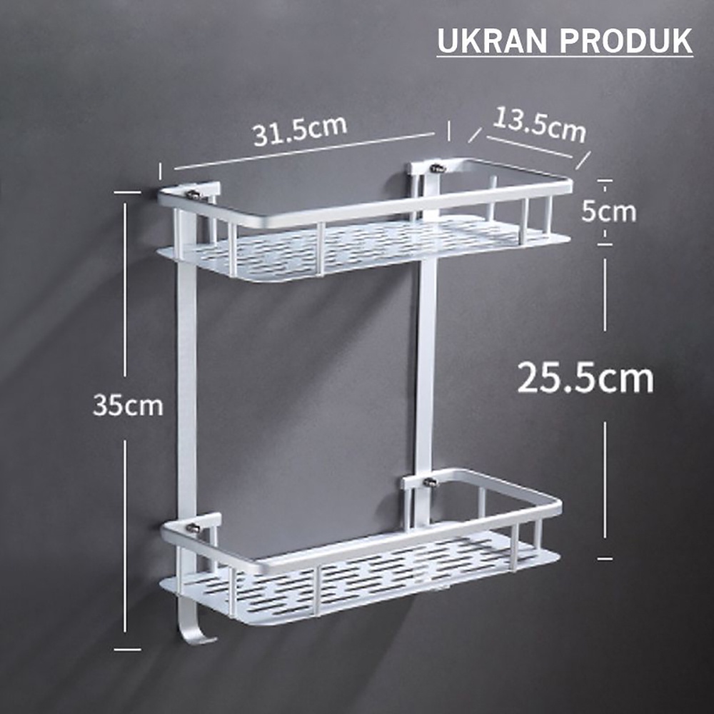 Rak Sabun Kamar Mandi Dinding Rak Serbaguna Bahan Aluminium Bentuk Persegi 2 Tingkat  Ukuran 30 x 13 x 35 cm