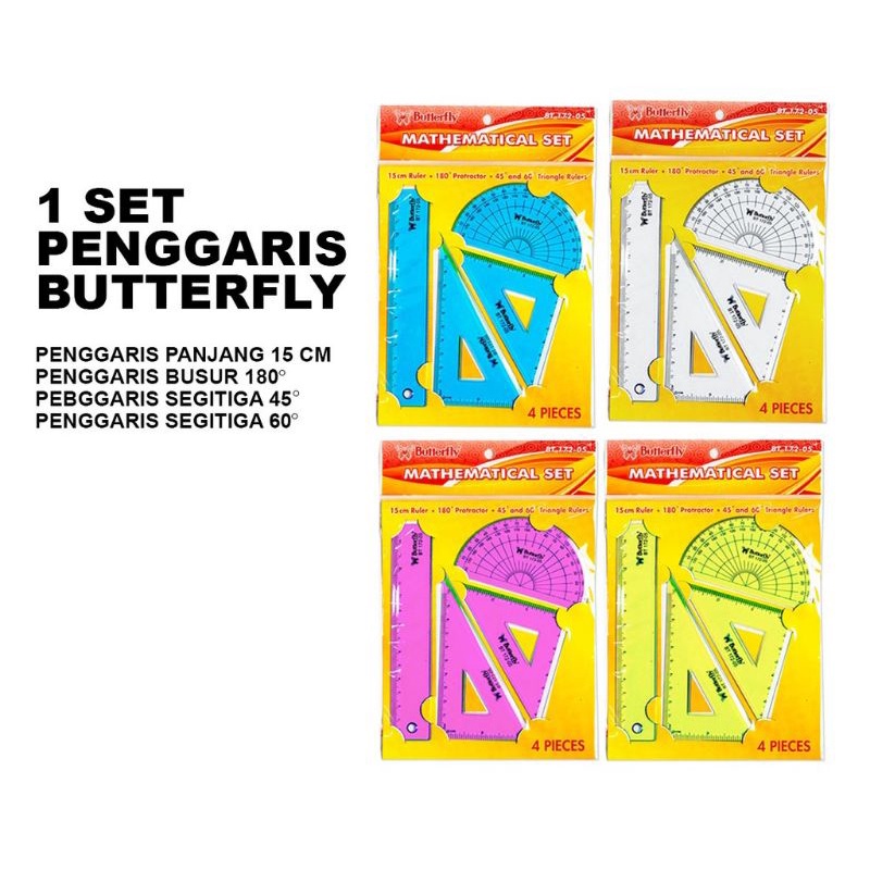

GARISAN B SET BUTTERFLAY ISI 4 TERDAPAT GARISAN 15 CM SEGITIGA BUSUR 180 DERAJAT BT 17205
