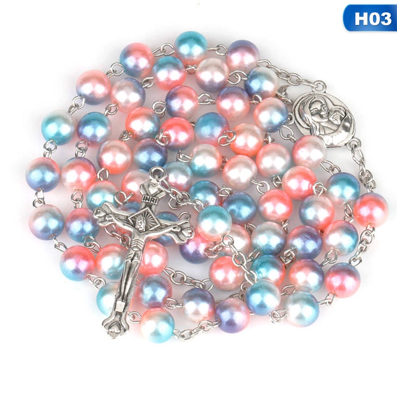 Fashion Bead Glass Pearl Catholic Christian Cross Catholic Rosary Necklace Gifts