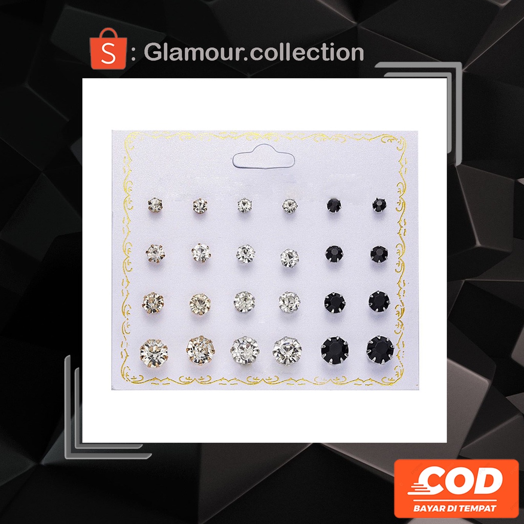 [COD] 12Pasang Anting Tusuk Telinga Model Berlian 3 Warna 4 Ukuran Fashion Pria/Wanita