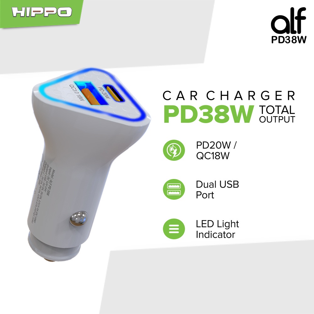 Hippo Car Charger ALF 2 PD 38W Power Delivery Fast Quick Charging 3.0 Casan Colokan Mobil Type C Android Iphone Micro Lightning QC Dual Port USB A USB C