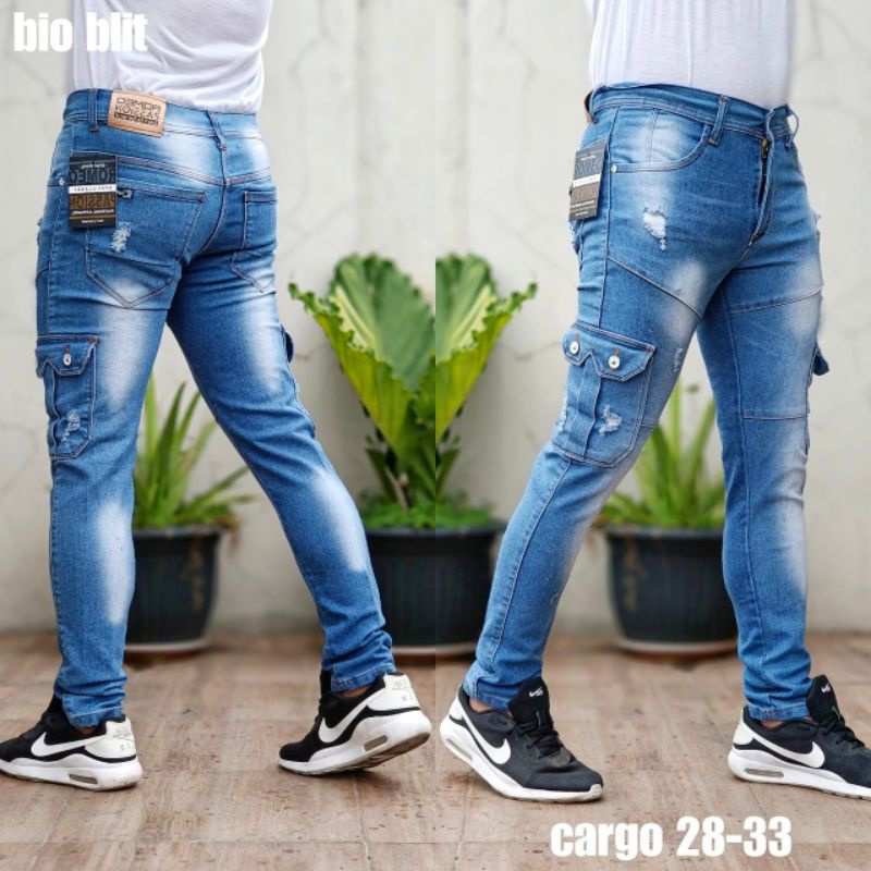 Celana Pria Cargo Jeans Sobek Ripped Strech