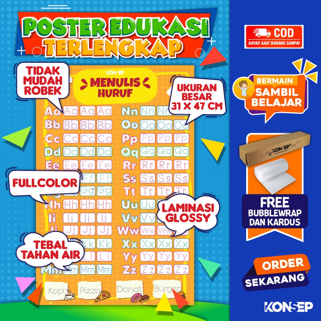 Konsep Poster Edukasi Pendidikan Anak Belajar Menulis Huruf Paud Balita TK Toodler SD Laminasi Glossy Tahan Air