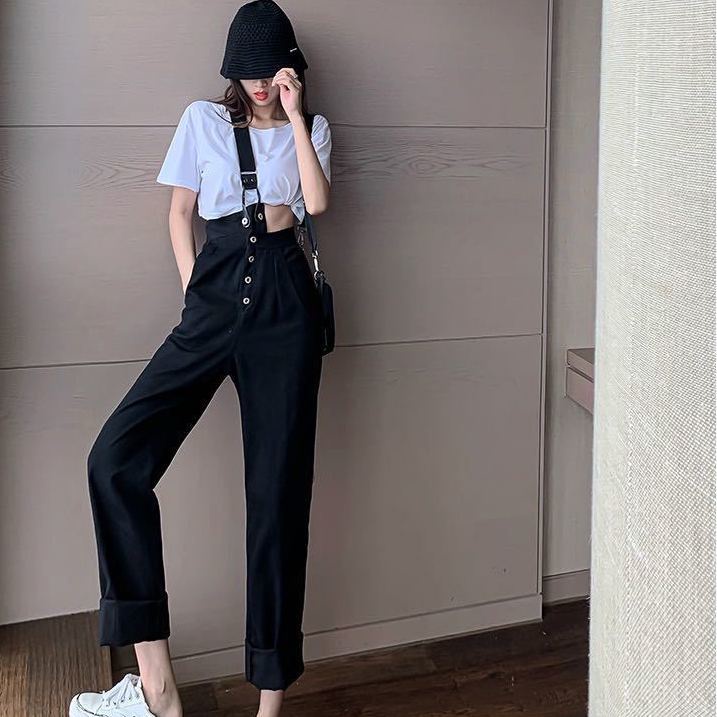 Overall denim 2022 baru celana sembilan titik wanita versi Korea celana kepribadian satu bahu longga