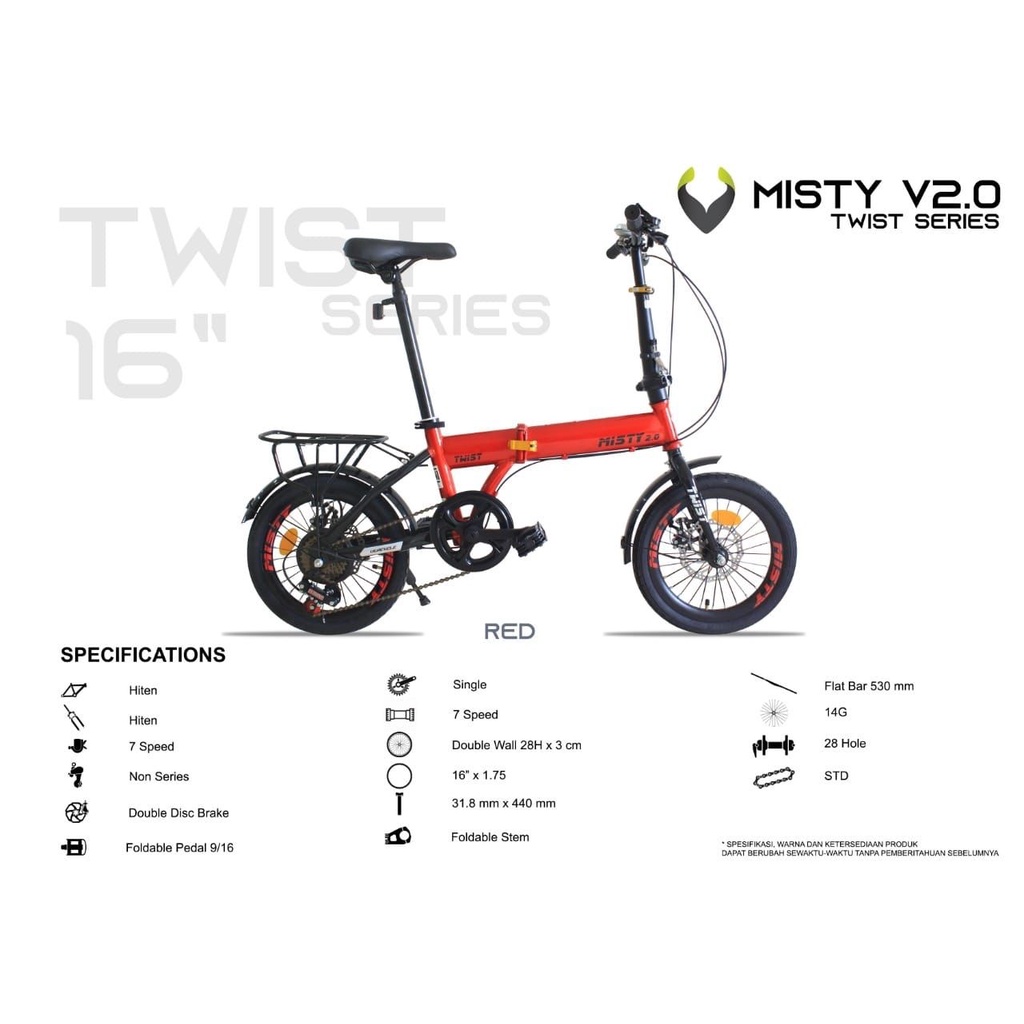 Sepeda Lipat Anak 16 inch Rem Cakram 7 Speed Misty-RED